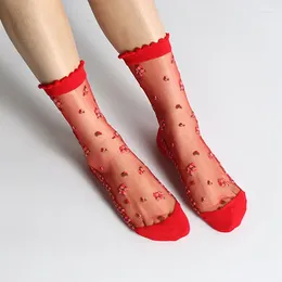 Women Socks 1 Pair Summer Ultra Thin Transparent Lace Elastic Breathable Silk Crystal Rose Flower Fashion Causal Short