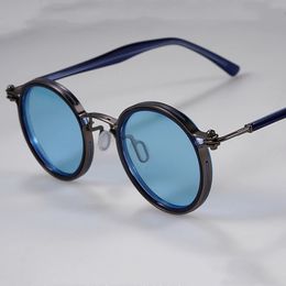 Vintage Small Round AlloyAcetate Tavat Sunglasses Unique Hollow Inlay Design Polarized Lens Good Quality Women Man Eyeglasses 240326