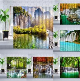 Shower Curtains Natural Scenery Waterfall Curtain Forest Tree Animal Wooden Bridge Green Plant Landscape Wall Decor Hanging Sets