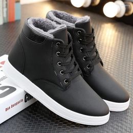 Walking Shoes British Style Est Winter Warm Plush Men's High Top Antislip Sneakers Outdoor PU Leather Solid Black Sport Flats