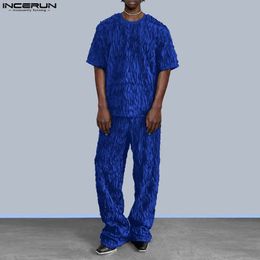 INCERUN 2023 Men Sets Solid Colour Streetwear Pleated Oversize Oneck Short Sleeve T Shirt Pants 2PCS Fashion Casual Suits 240326