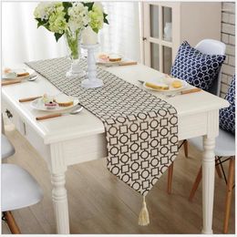 Table Runner Simple Geometric Patterns Jacquard Runner. Exquisite Cloth. Classic Beige And Pastel Blue Tablecloth.