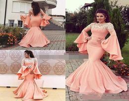 Elegant Arabic Style Mermaid Prom Dresses With Long Poet Sleeves Sheer Neck Lace Appliques Zipper Back Floor Length Dubai Evening 4606372