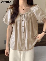 Women's Blouses VONDA Elegant Women Shirts 2024 Summer Short Sleeve Tops Vintage Striped Blouse Round Neck Buttons Casual Loose Tunic Blusas