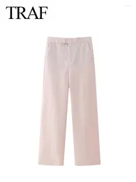 Women's Pants Spring Woman's Fashion Casual Wide Leg Pant Solid Pink Mid-Waist With Pocket Buttons Zipper Trousers Female Long