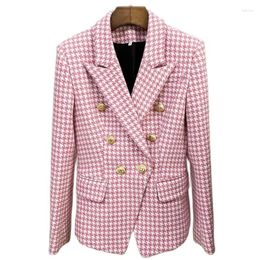 Women's Suits Spring Autumn Elegant 2024 In Jackets Ladies Gold Lion's Head Button Blazers Pink Chambray Wool Tweed Slim Fit