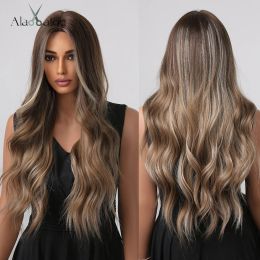 Wigs ALAN EATON Medium Brown Long Wavy Wig Synthetic Hair Wigs for Women Female African American Mixed Blonde Highlight Wigs Cosplay