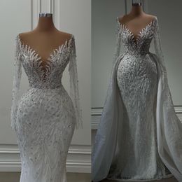 Impressionante sereia vestidos de casamento com trem destacável sheer neck mangas compridas vestidos de noiva novia dubai beading laço vestido de noiva