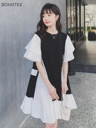 Party Dresses Patchwork Women Ruffles Sweet Short-sleeve Korean Style Fashion Loose Temperament Summer Knee-length Female Literary