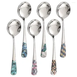 Spoons 6 Pcs Stainless Steel Round Spoon Soup Big Soupers And Forks To Eat Rice Set