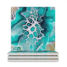 Table Mats Beautiful Green Lagoon Inspired Abstract Fluid Art Acrylic Pour Painting Ceramic Coasters (Square) Tea Cup Holders