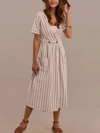 Cream Short Sleeve V Neck Natural Cotton Midi Dress With Pocket Casual Button A-Line Dress for Women 240320