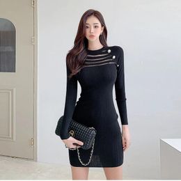 Casual Dresses Black Knitted Dress Women 2024 Autumn Hollow Out Striped Sexy Lace Mini Korea One Piece Elegant Dinner Party