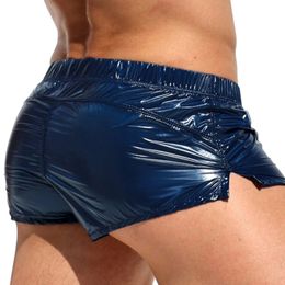 Mens Solid Colour Slim Fit Glossy Swimming Trunks Shorts Low Rise Sides Slit Vacation Beach Pool Party Nightclub Costumes 240328