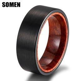 Bands Somen 8mm Men Tungsten Carbide Ring Black Matte Flat Brushed Red Sandalwood Inner Set Wedding Bands Engagement Jewellery