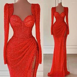 Party Dresses Red Sequin Mermaid Evening For Women Sexy Sweetheart Shoulder Pad Thighs Slit Pleated Prom Dress Wedding Second