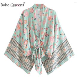 Boho Queens Kimono Short Robe Swimsuits Women Green Floral Batwing Sleeves Rayon Bohemian Bikini Cover Ups Beachwear
