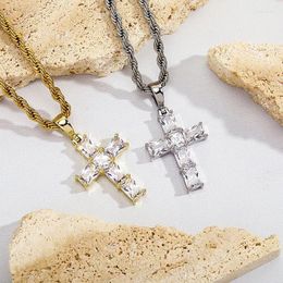 Pendant Necklaces HIP HOP Square CZ Stone Paved Bling Iced Out Cross Pendants Necklace For Men And Women Rapper Jewellery Gold Silver Colour