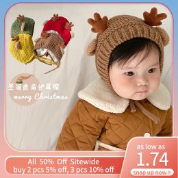 Christmas Gift Elk Ears Baby Beanies Antlers Toddler Crochet Bonnet Infant Wool Knitted Hat Girl Boy Earmuffs Cap Winter Warmer