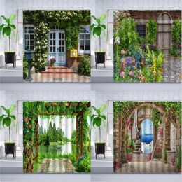 Shower Curtains Flower Plant Scenery Curtain Courtyard Garden Design Spring Natural Landscape Bathroom Wall Decor Polyester Sets