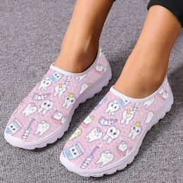 Flats INSTANTARTS Cartoon Dental Loafers Pink Tooth Print Comfortable Breathable Shoes Medical Nurse Shoes Women's Slip On Shoes Flat