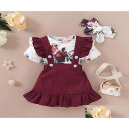 Clothing Sets Infant Baby Girl Clothes Newborn Summer Floral Print Short Sleeve Bodysuitsuspender Skirtsheadbands Kawaii Outfits Drop Dh4Sm