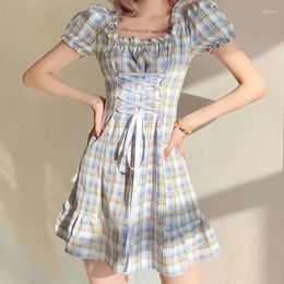 Party Dresses Fashion Elegant Lace-up Mini Dress Summer Birthday Holiday Cute Sexy One-line Collar Check Slim Fit Ruffle