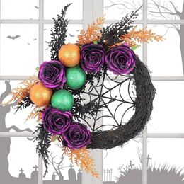 Decorative Flowers Halloween Ball Wreath Lighted LED Door Wreaths For Reusable Autumn With Light Wall Home Decor