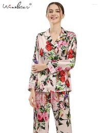 Home Clothing Women Real Silk Pajama Sets 6A 22 MM Mulberry Pajamas Sleepwear Floral Printed Long Sleeve Pyjamas 2024 P36710QM