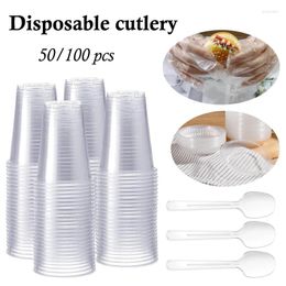 Disposable Cups Straws 50/100 200ml 7oz Clear Plastic S Glass Sauce Dish Eco Gloves Spoon Outdoor Picnic