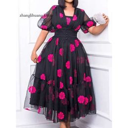 Large Wife 2024 Holiday Dress Flower Print V-Neck Mesh Sleeve Short Autumn Spring Ball Long Date Dress/Print /