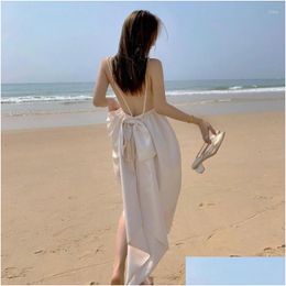 Basic Casual Dresses Ladies Dress Y Pearl Backless Glossy Bowknot Seaside Holiday Beach Unique Design Prom Elegant Formal Party Vestid Dhi7P