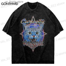 Men's T-Shirts Mens T-Shirts Hip Hop Vintage T Shirt Strtwear Harajuku Cat Graphic Print Punk Gothic Washed Tshirt 2023 Men Fashion Oversize T Top Shirts T230512 Y240402