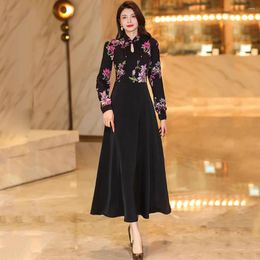 Casual Dresses Women Spring Autumn Print Long Dress Fashion Elegant Chinese Style Stand Collar Sleeve Patchwork Floral Mid-Calf