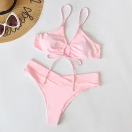 Women's Swimwear Two-piece Swimsuit Sexy Bikini Set High Waist Lace-up With Padded Bra Split Design Briefs For Beach