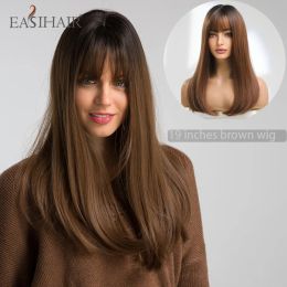 Wigs EASIHAIR Long Straight Brown Black Synthetic Wigs with Bang Heat Resistant Natural Fake Hair Wigs for Women Daily Cosplay Party