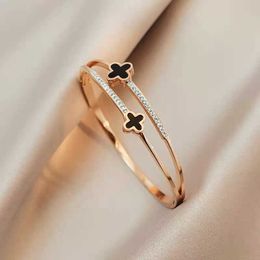 Vans Fashion Clover Double Bracelet high sense rose gold diamond inlaid Korean Bracelet versatile fashion girl titanium steel bracelet light luxury