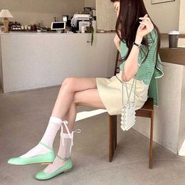 famous brandKorean East Gate Thin Shiny Silk Glass Silk Transparent Heel Bow Tie Pile Socks Girl Socks Mid Cap