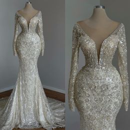 Chart Light champagne Mermaid Wedding Dress sheer neck Saudi arabic beaded wedding dresses long sleeves Dubai Bridal Gowns