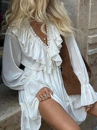 Casual Dresses Long Sleeve Elastic Waist Fashion Mini Dress Women Spring Summer Deep V-Neck Loungewear White Color Sweet Ladies