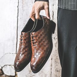 Casual Shoes Classic Patent Leather For Men Lace Up Brown Plaid Brand Designer Wedding Office Big Size:38-48