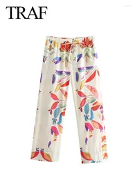 Women's Pants Female Casual Wide Leg Print Mid-Waist Lace-Up Decoration Elastic Waist Trousers Spring Long Pant Woman 2024 Trendy