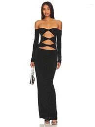 Casual Dresses BEVENCCEL 2024 Women's Black Sexy Tight Luxury Diamond Decoration Hollow Out Long Dress Elegant Celebrity Runway Party