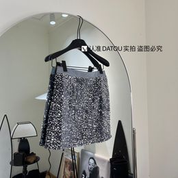 New Design women's high waist a-line elastic rhinestone logo patched velvet fabric paillette sequined short skirt SMLXL