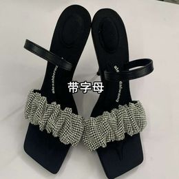 Dawang novo salto alto 2024 uma linha sandálias de salto alto dedo do pé quadrado sapatos de dedo do pé aberto strass preto