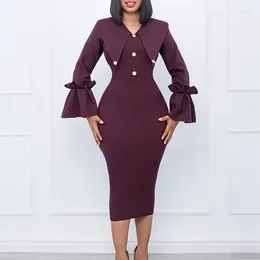 Casual Dresses 2024 Office Lady Elegant Slim Fit Button Dress Female V-Neck Simple Solid Women Fashion Ruched Long Sleeve Commute