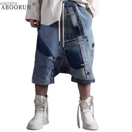 Men's Shorts ABOORUN Mens Irregular Patch Denim Shorts Hip Hop Straight Crotch ShortsL2404