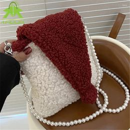 Shoulder Bags Christmas Candy Party Lambswool Messenger Beaded Hat Bag Winter Color Contrast Crossbody For Female