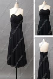 2012 Elegant Black Bridesmaid Dress Strapless Sweetheart Chiffon Sash Tea Length Actual Real Images7674988