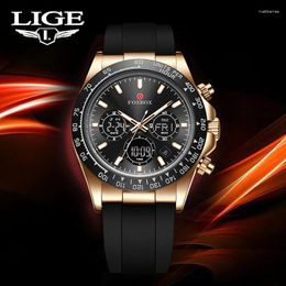 Wristwatches LIGE Design Watches For Men Silicone Straps Luxury Luminous 30M Waterproof LCD Display Relogio Masculino 2024